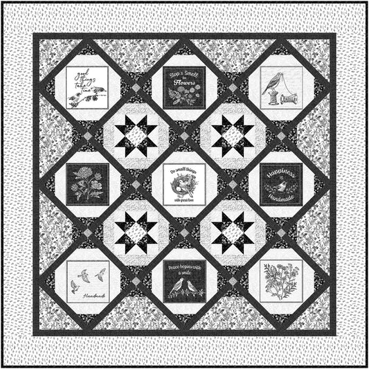 Fun black and white quilt features stars intertwined with black and white designs on some diamonds.