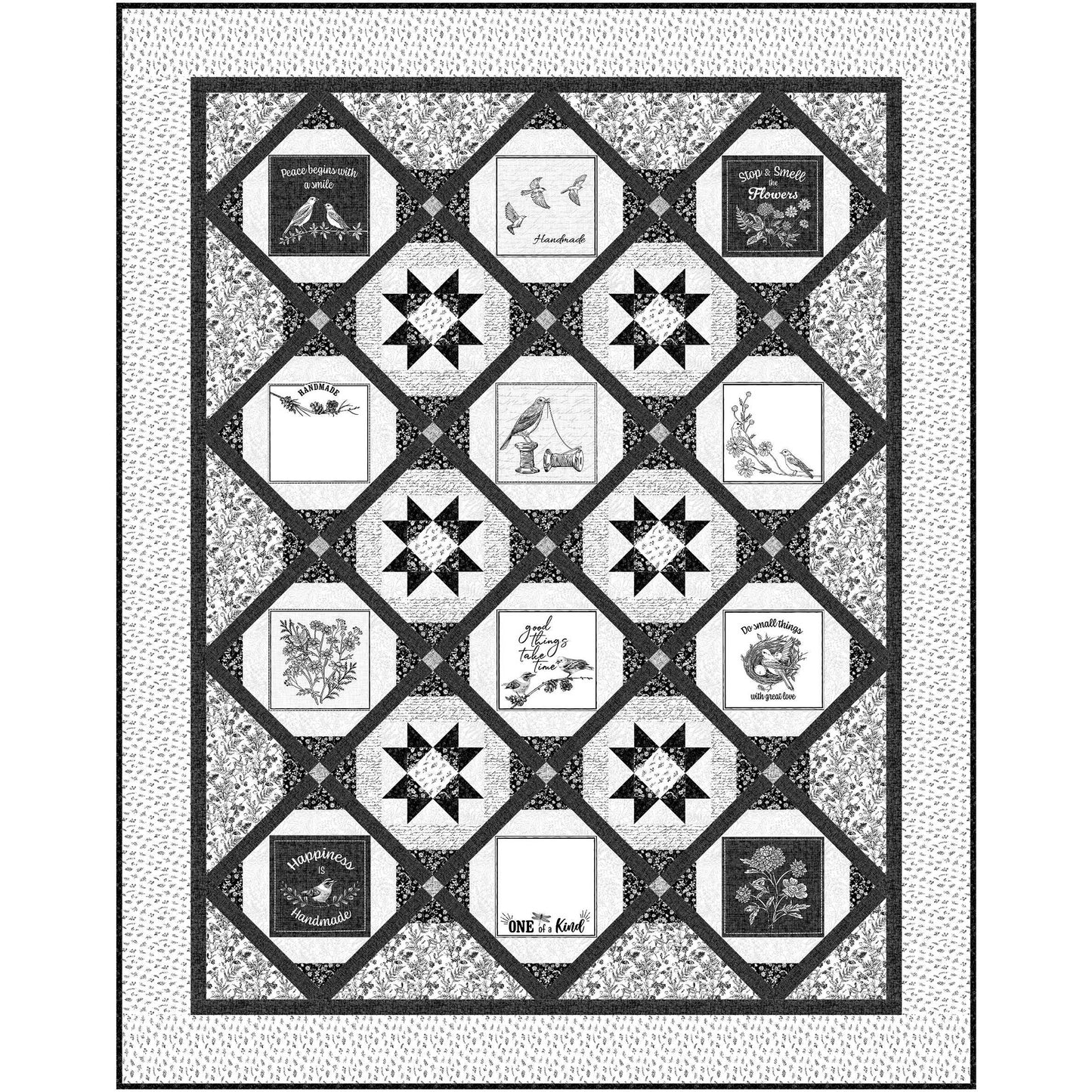 Fun black and white quilt features stars intertwined with black and white designs on some diamonds.
