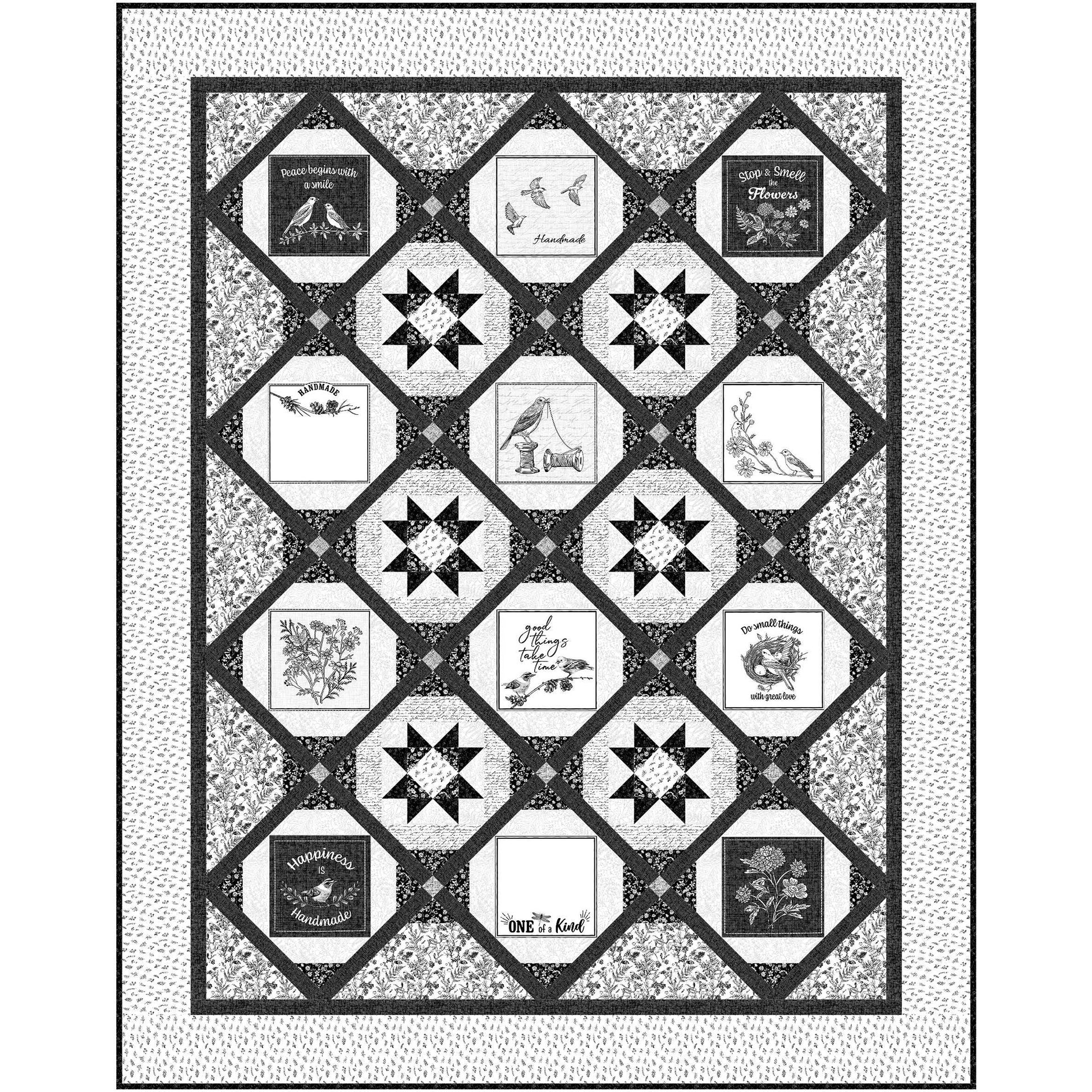 Fun black and white quilt features stars intertwined with black and white designs on some diamonds.