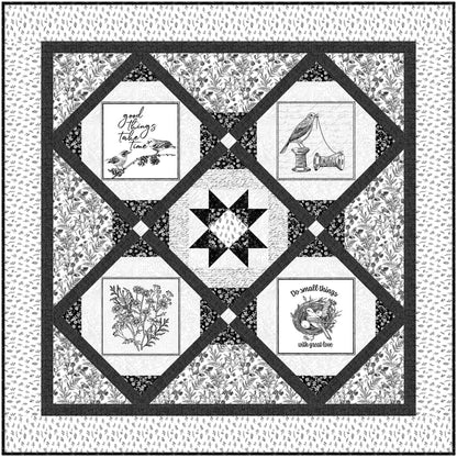 Fun black and white quilt features star block in the middle with black and white designs on other 4 diamonds.