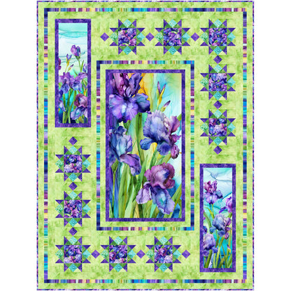 Lovely quilt features a lot of lovely flowers in a large panel and smaller ones with stars or matching color interspersed.