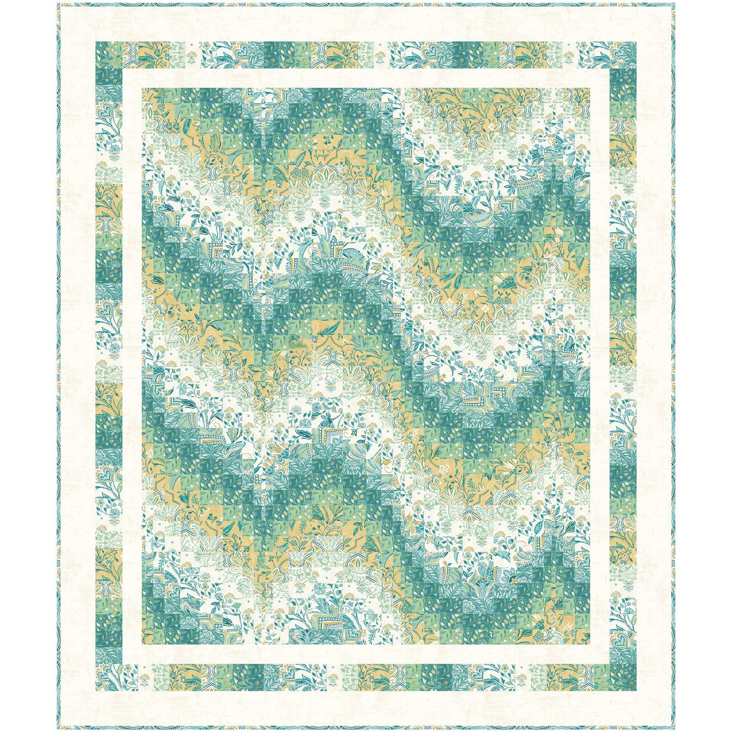 Fun wavy, bargello quilt in cream, blue/green and yellow.