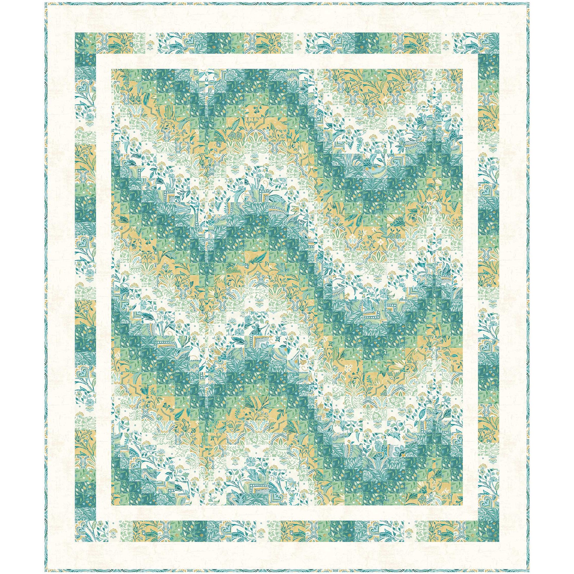 Fun wavy, bargello quilt in cream, blue/green and yellow.