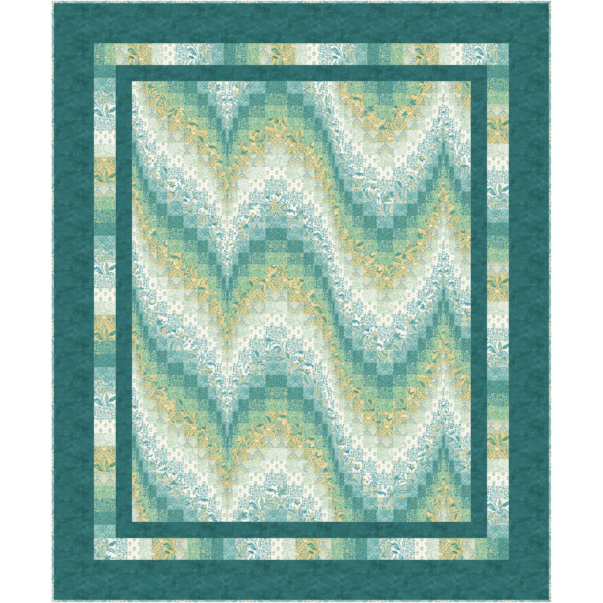 Fun wavy, bargello quilt in cream, blue/green and yellow with a solid blue/green double border.