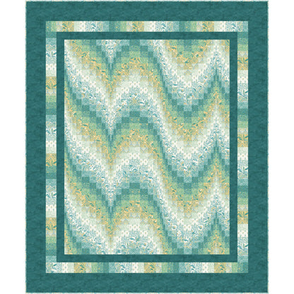 Fun wavy, bargello quilt in cream, blue/green and yellow with a solid blue/green double border.