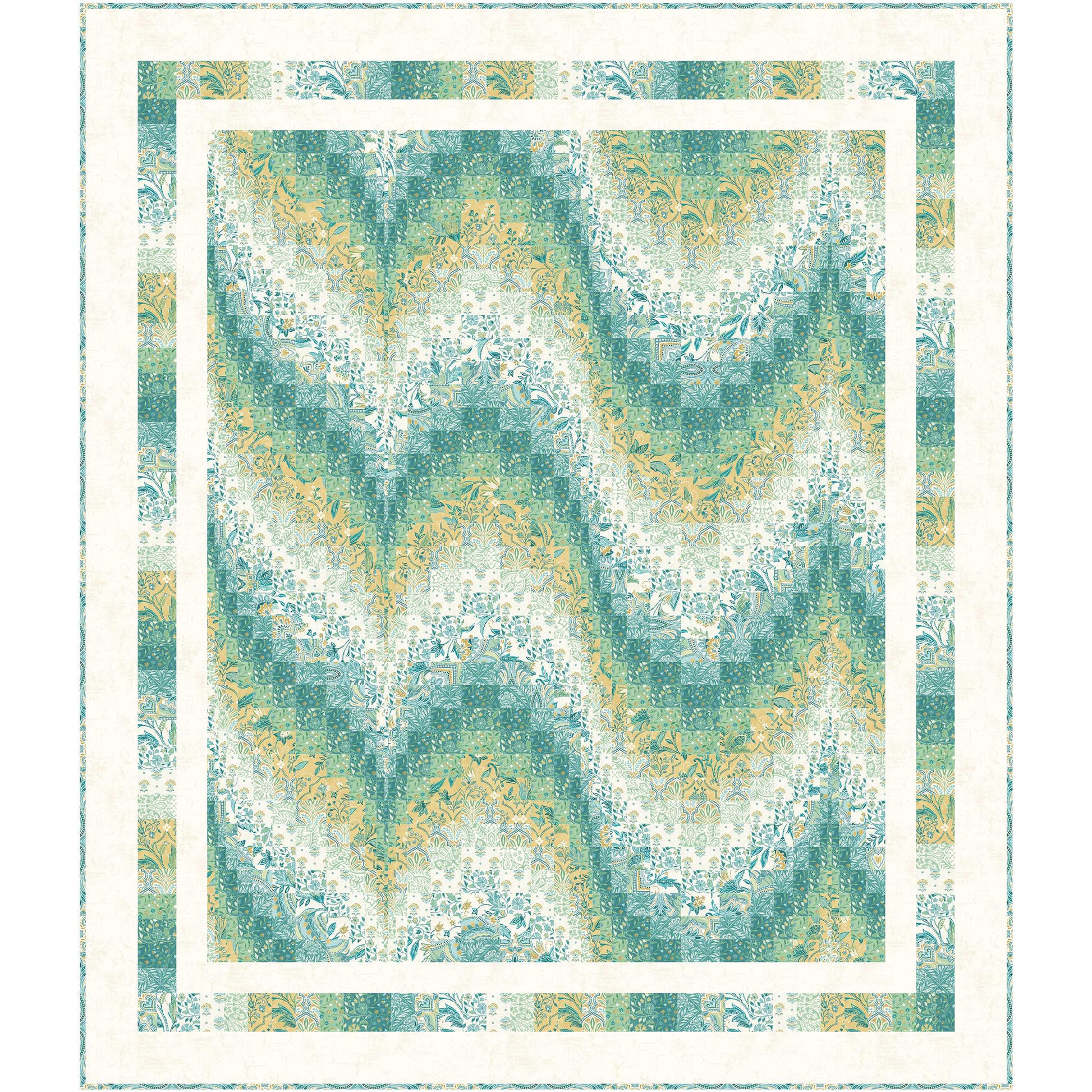 Fun wavy, bargello quilt in cream, blue/green and yellow with a cream double border.