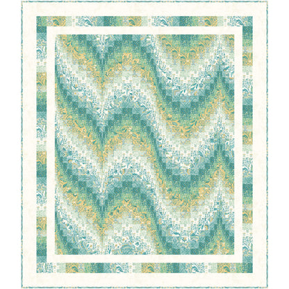 Fun wavy, bargello quilt in cream, blue/green and yellow with a cream double border.