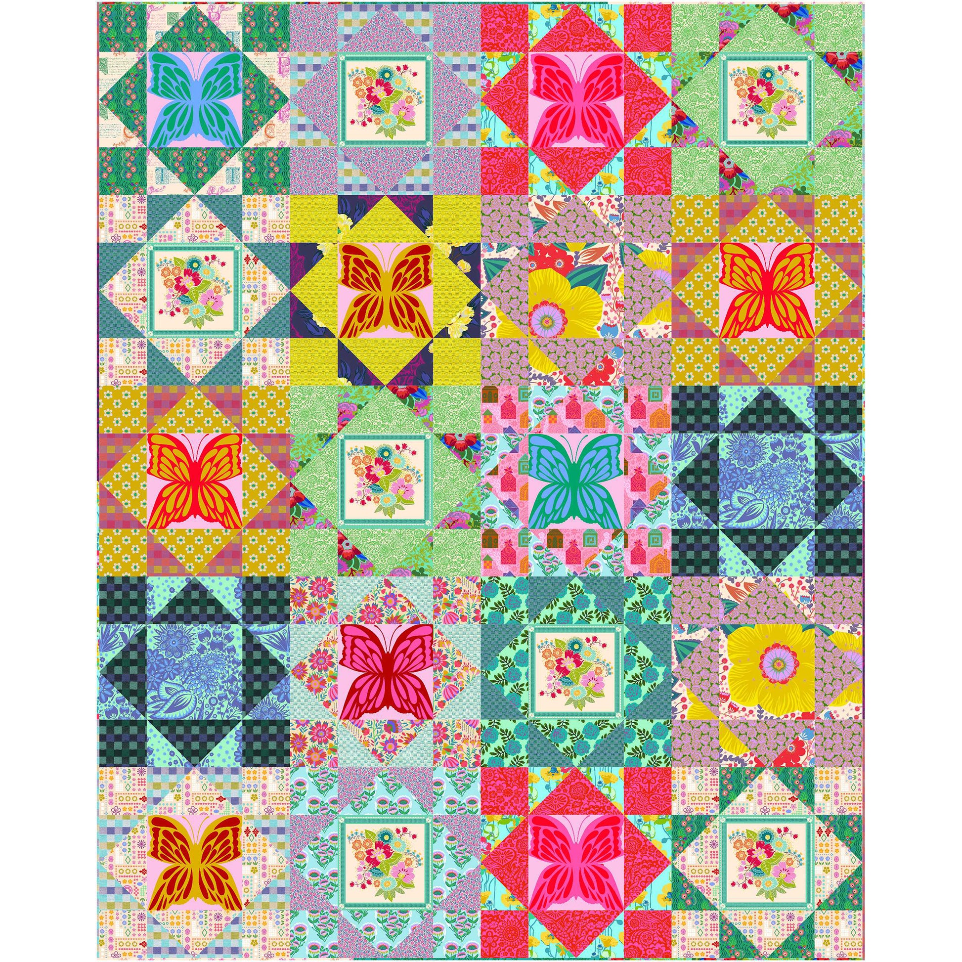 Bright quilt features blocks of different fabrics some with a four patch and some with a large print.