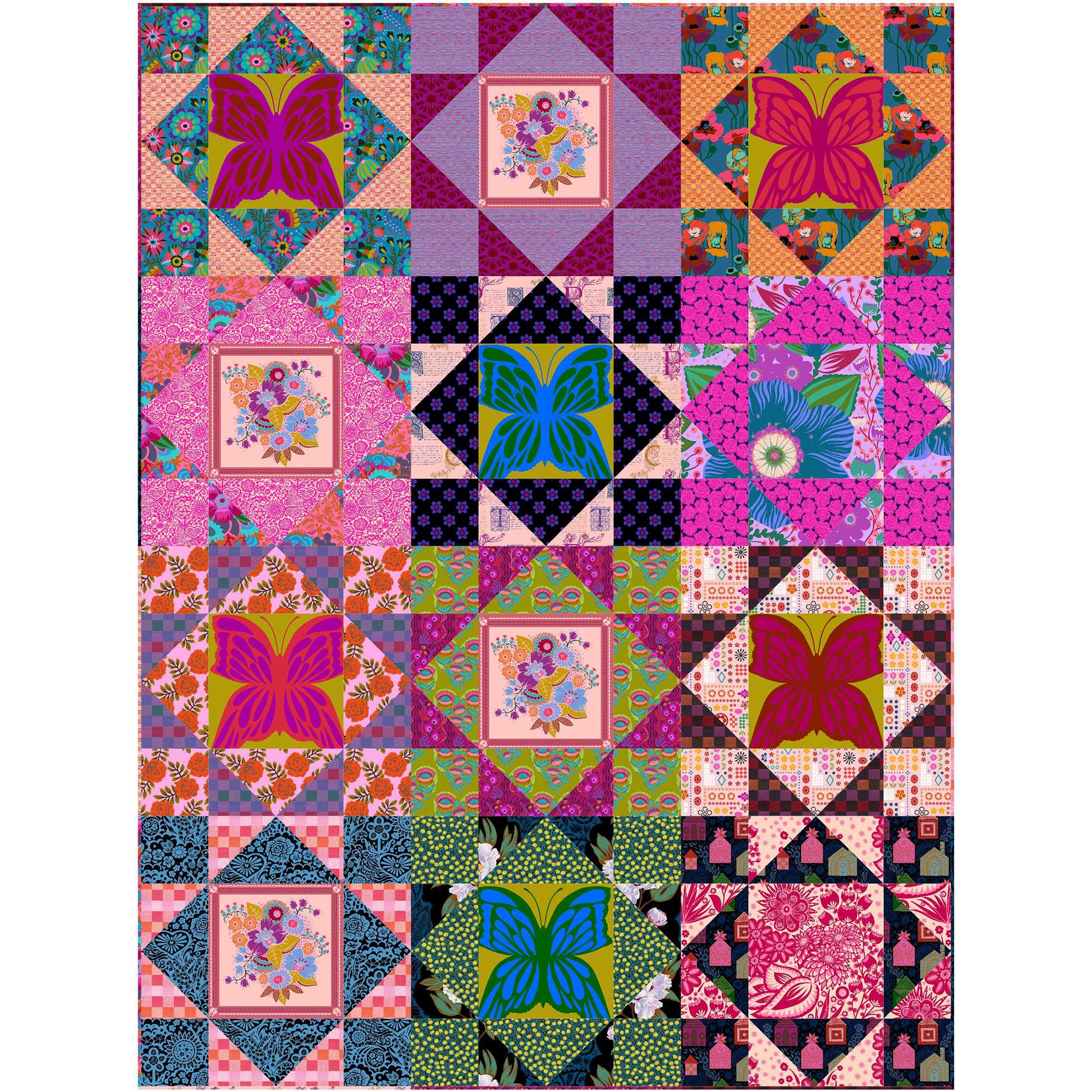 Bright quilt features blocks of different fabrics some with a four patch and some with a large print.