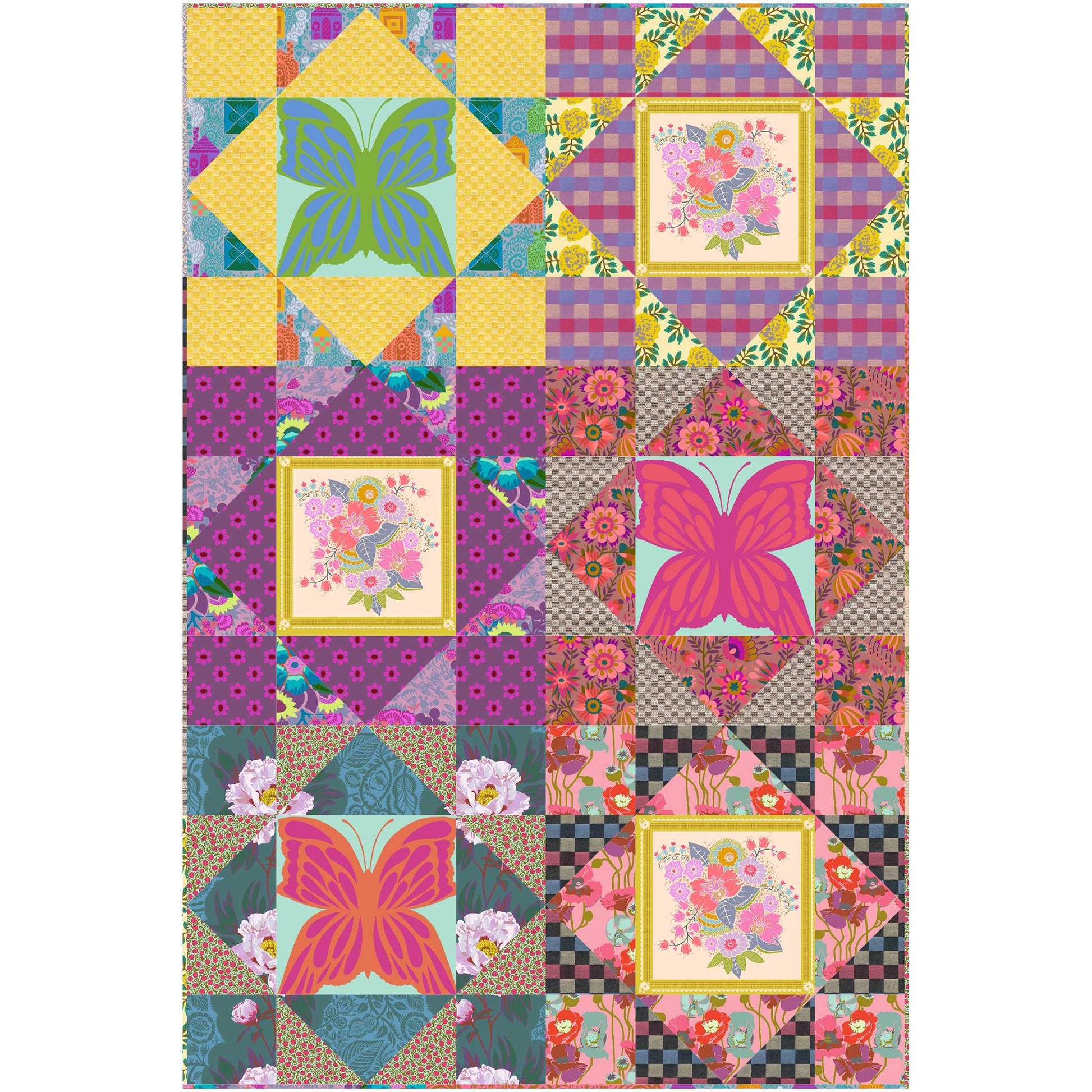 Bright quilt features blocks of different fabrics some with a four patch and some with a large print.