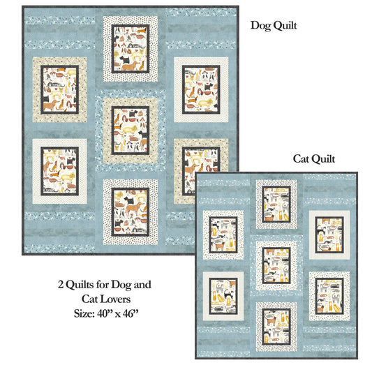 Fun quilt for your furry friends shows two different quilts cat or dog printed rectangles bordered with fabric on blue-green background.