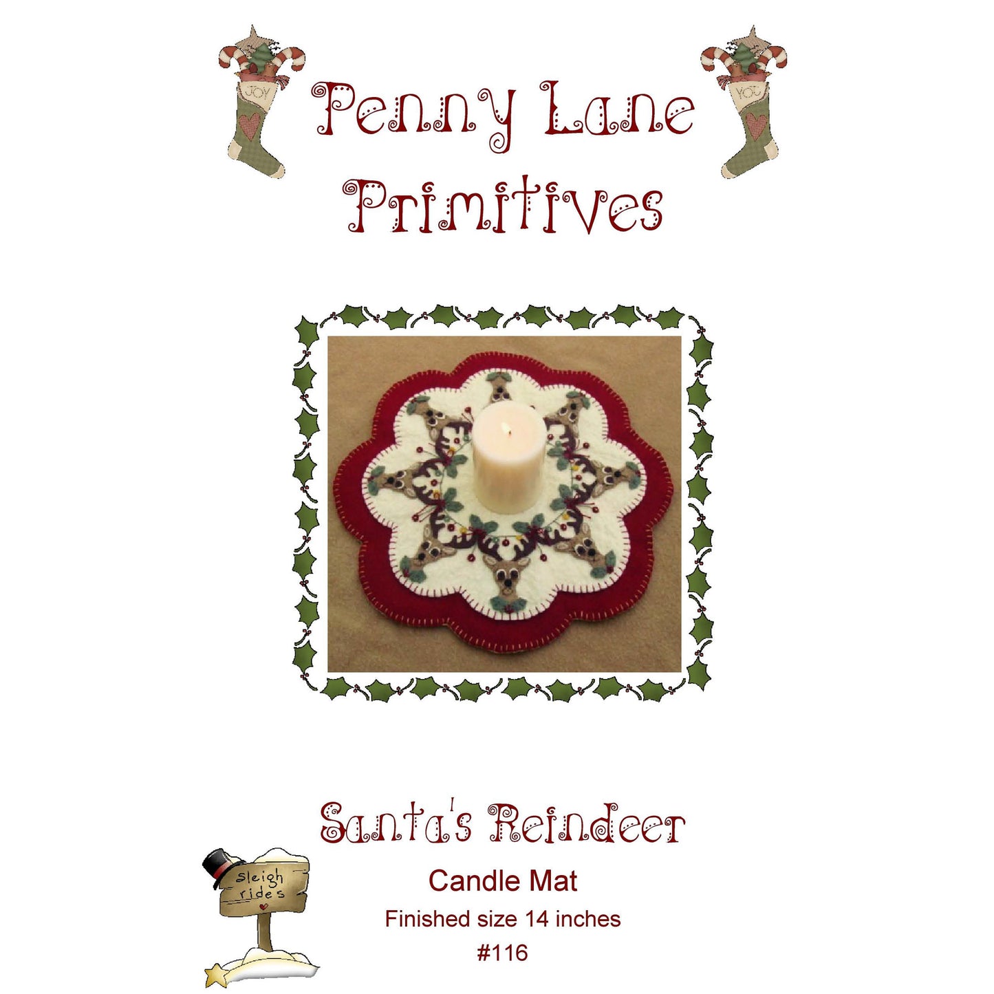 Santa's Reindeer Christmas Penny Rug Candle Mat PLP-116e - Downloadable Pattern