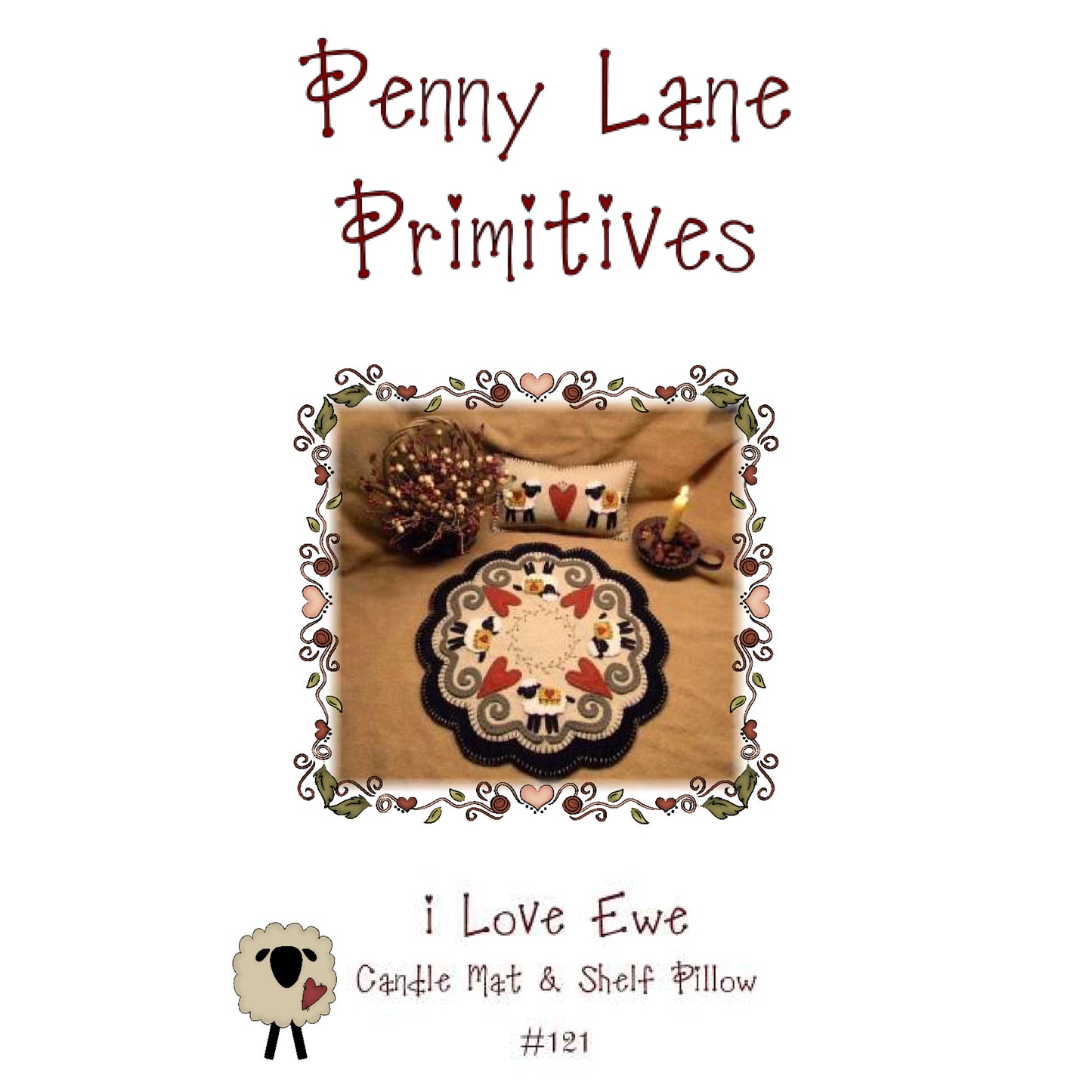 I Love Ewe Sheep & Hearts Penny Rug Candle Mat PLP-121e - Downloadable Pattern