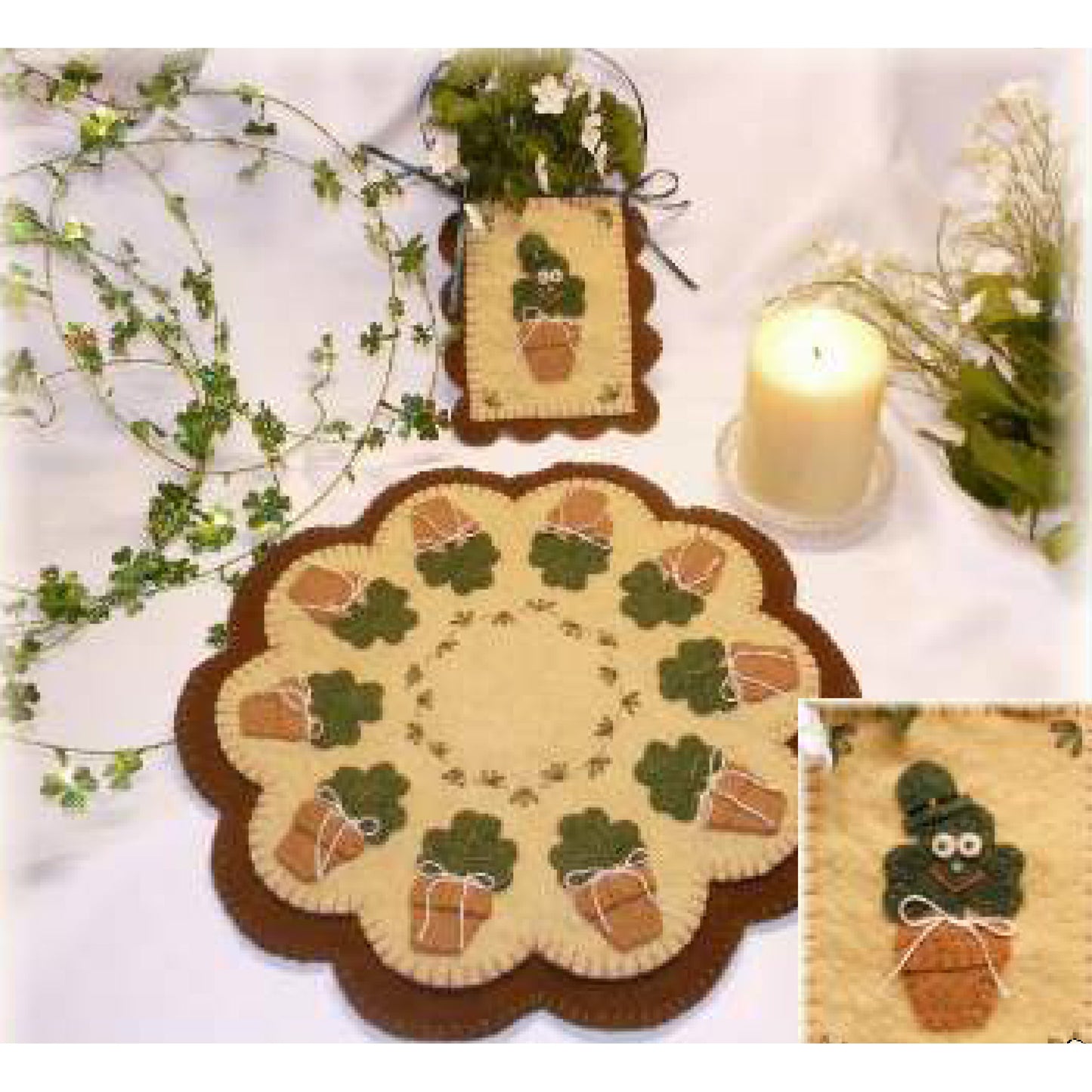 Irish Blooms - St.Patricks Day Penny Rug Candle Mat Pocket Set PLP-133e - Downloadable Pattern