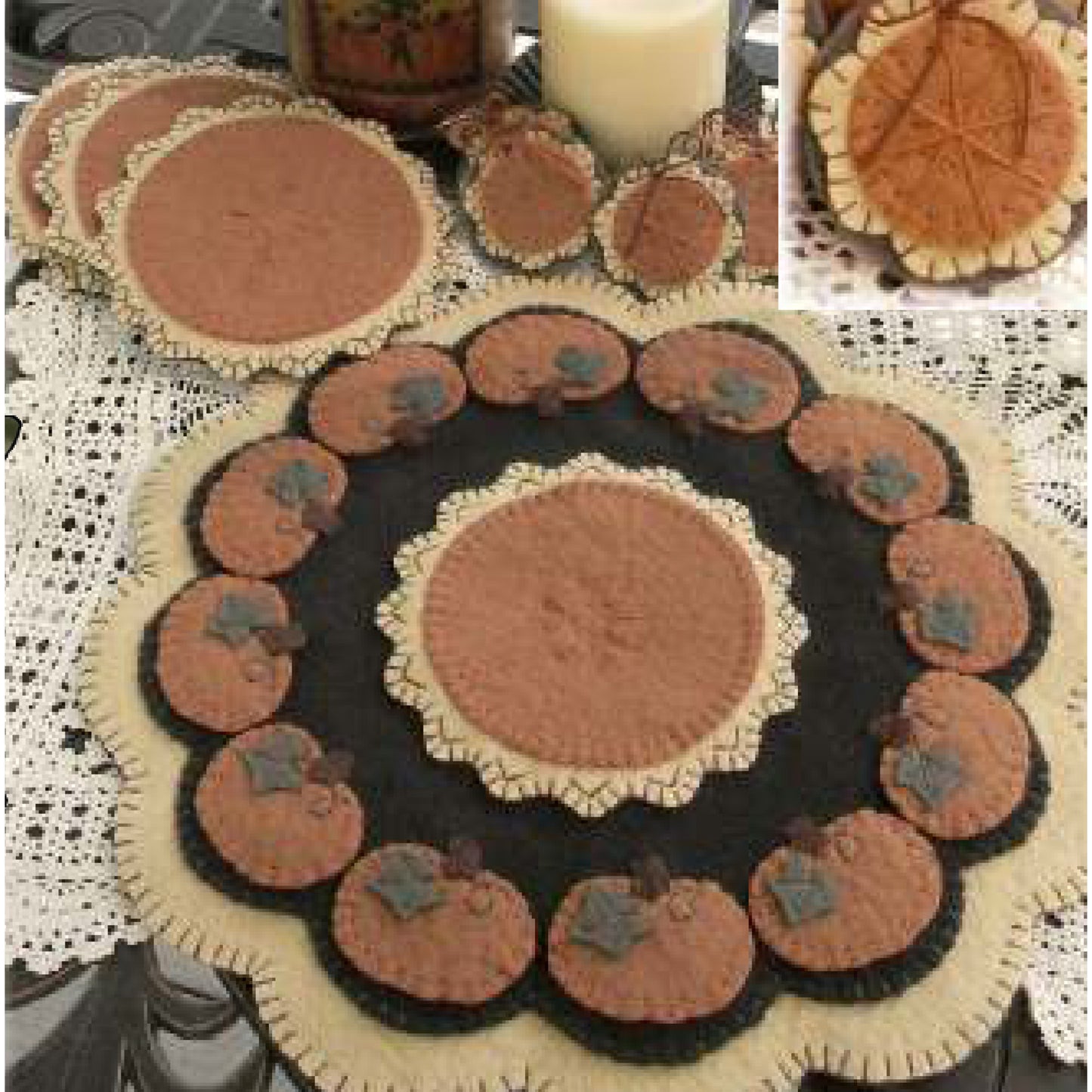 Easy as Pumpkin Pie Penny Rug Candle Mat Set PLP-136e  - Downloadable Pattern