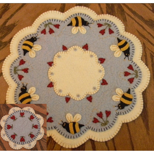 Bee My Honey Bee Penny Rug Candle Mat with Coaster PLP-144e - Downloadable Pattern