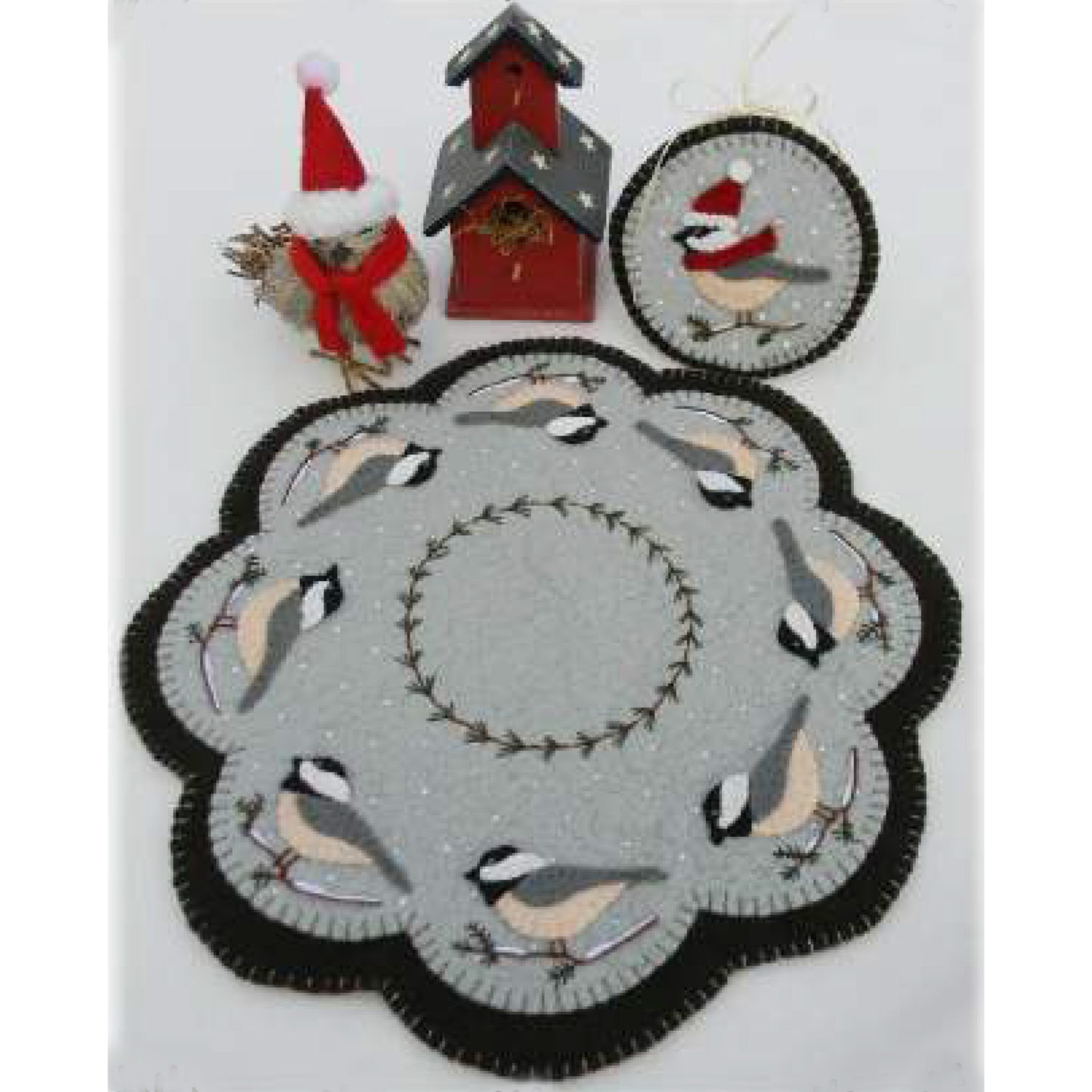 Cheerful Chickadees Penny Rug Candle Mat PLP-155e  - Downloadable Pattern