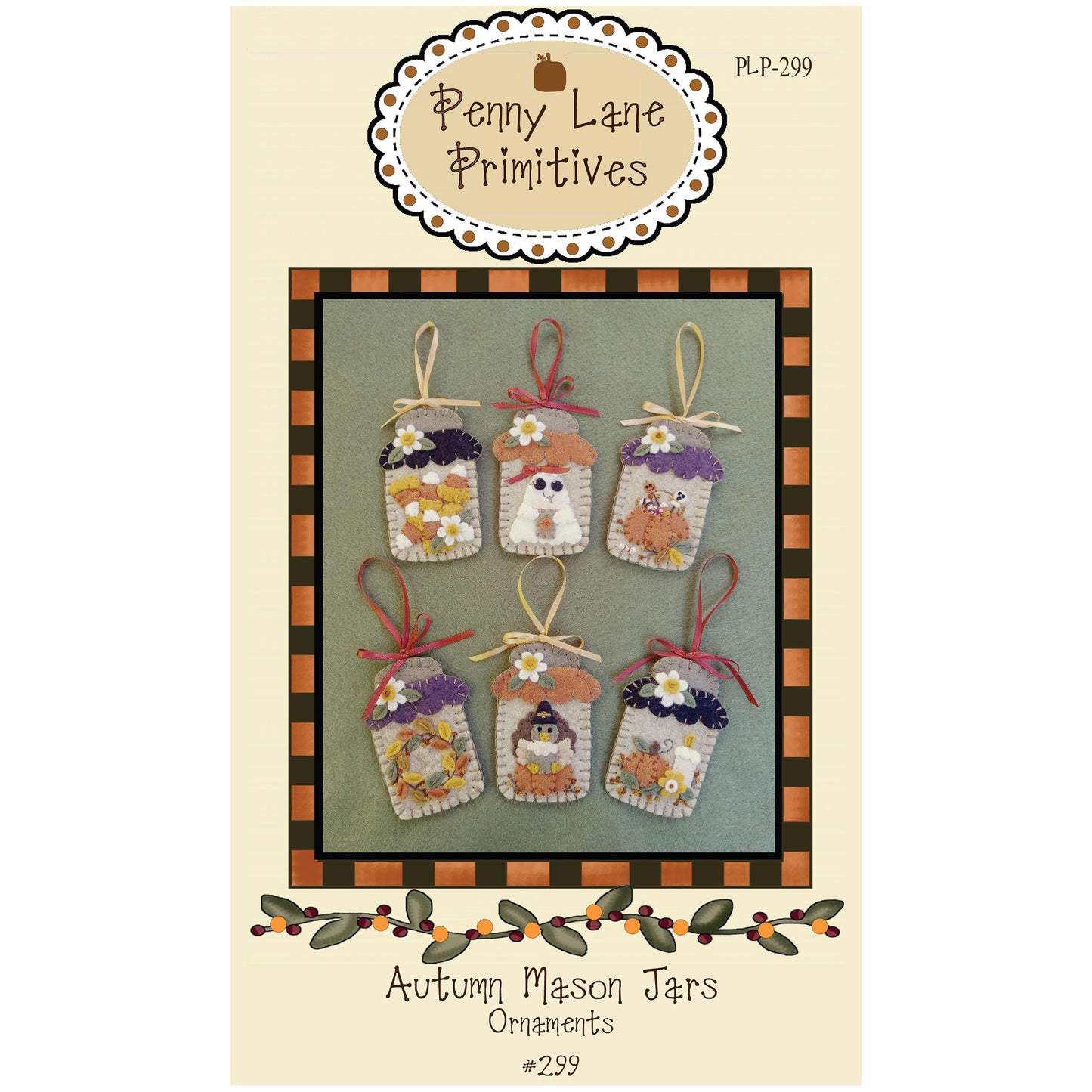 Cover image of pattern for Autumn Mason Jars wool felt ornaments.