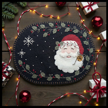 Festive Jolly Old Saint Nick mug rug features holly border, a couple of embroidered snowflakes and a life-like Santa Claus.