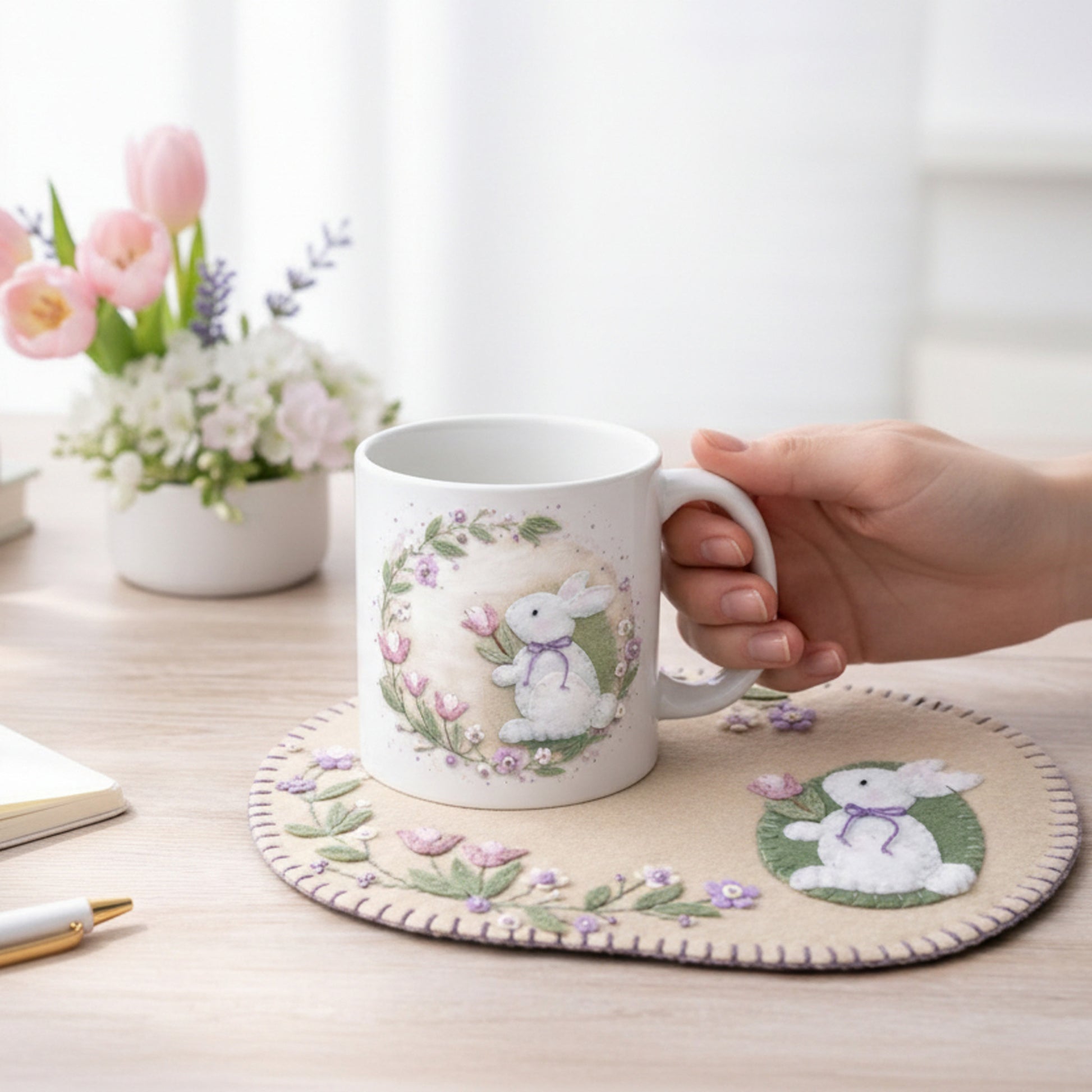 Adorable candle mat and mug rug with flowers border and cute bunny with a flower on the side. Picture shows a matching mug on top of the mug rug.
