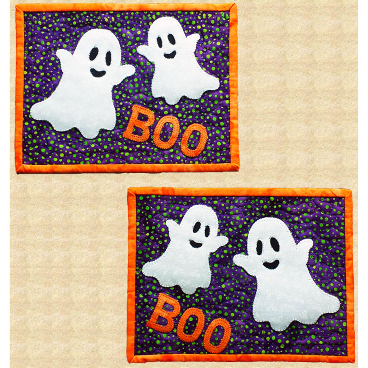 Two adorable ghosts and the letters for BOO on a mug rug. Two mug rugs shown.  So cute!