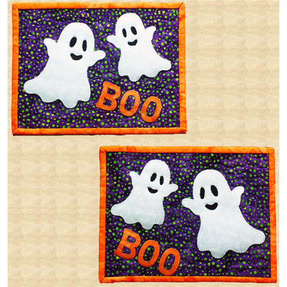 Two adorable ghosts and the letters for BOO on a mug rug. Two mug rugs shown.  So cute!