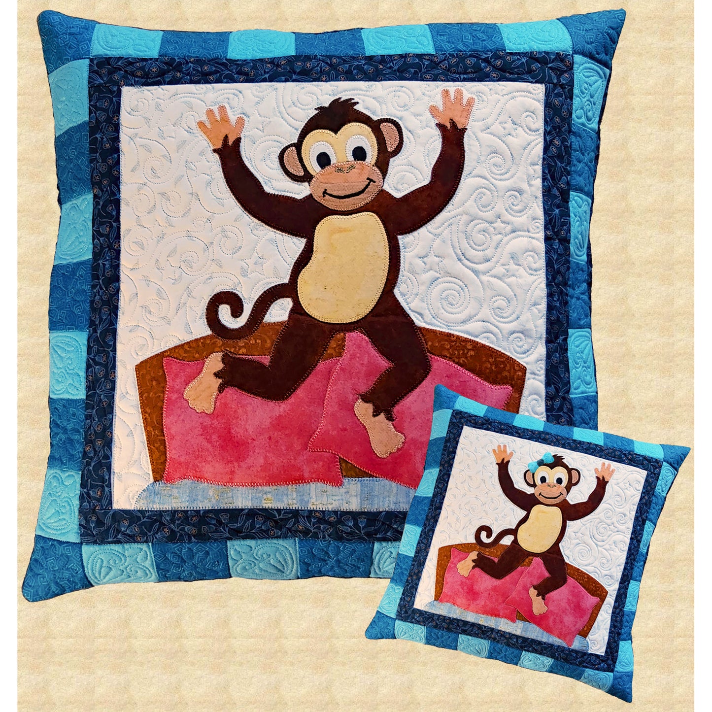 A colorful pillow featuring a playful monkey jumping on the bed. Shows both boy and girl (added bow) pillows.