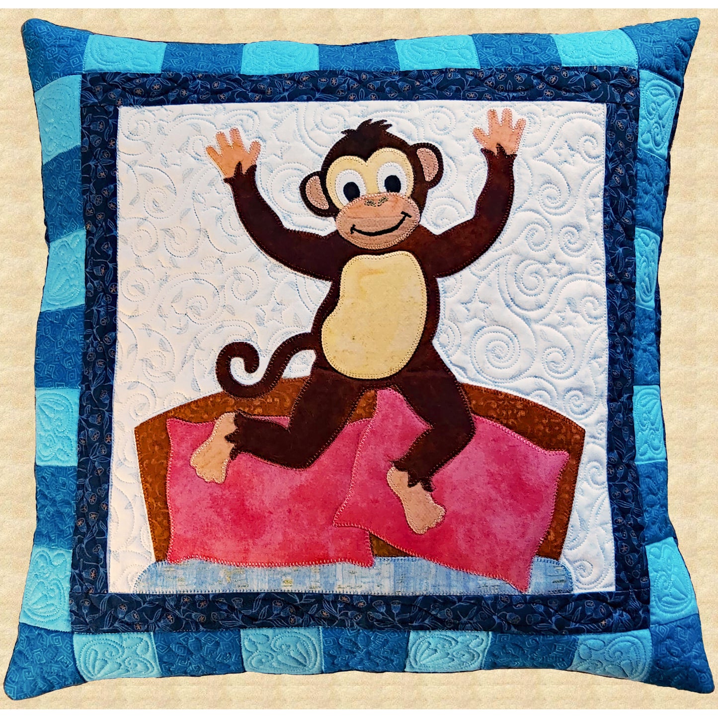 A colorful pillow featuring a playful monkey jumping on the bed.