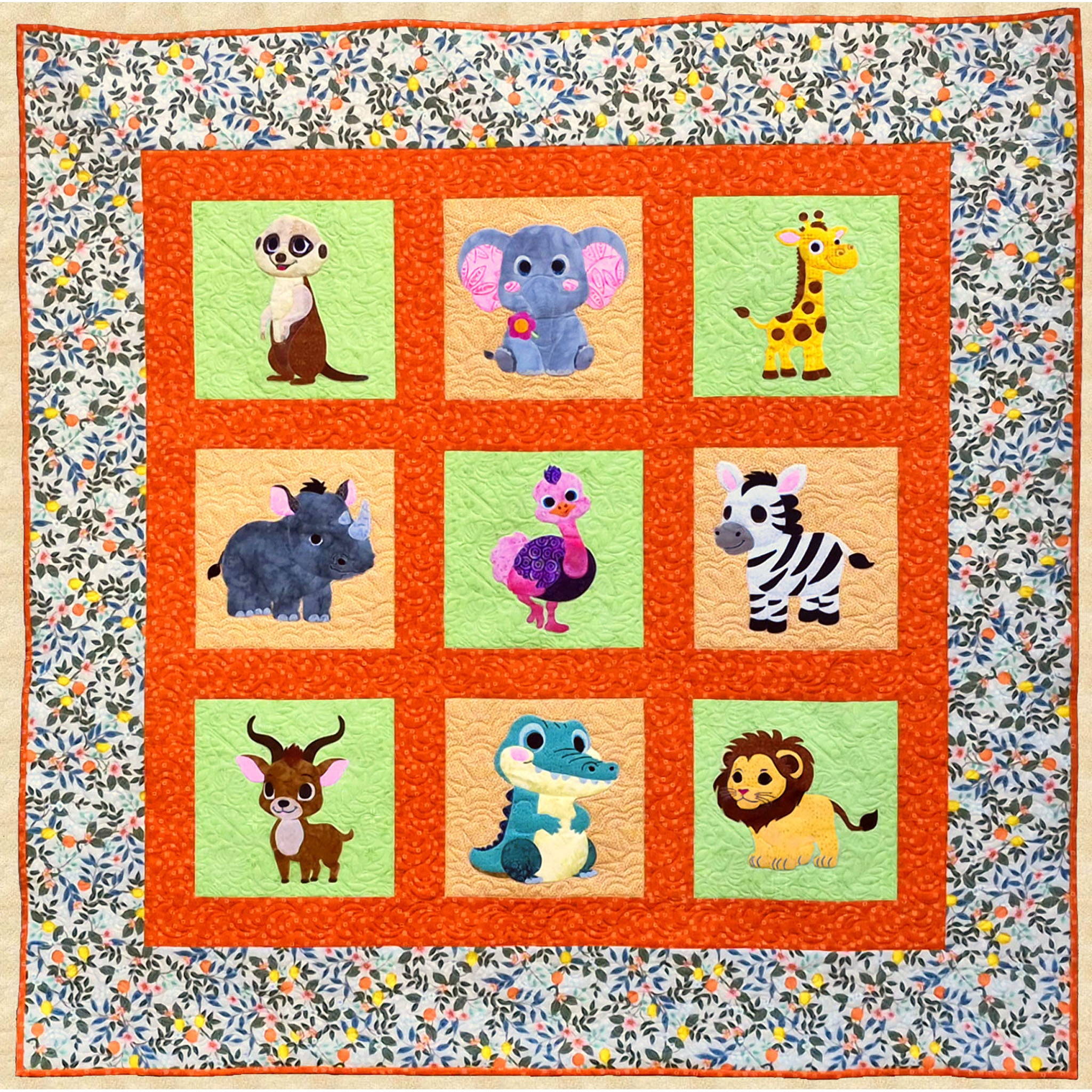 Bright, fun animal quilt features cartoon-cute animals including a meerkat, elephant, giraffe, rhinoceros, ostrich, zebra, kudu, crocodile and lion.