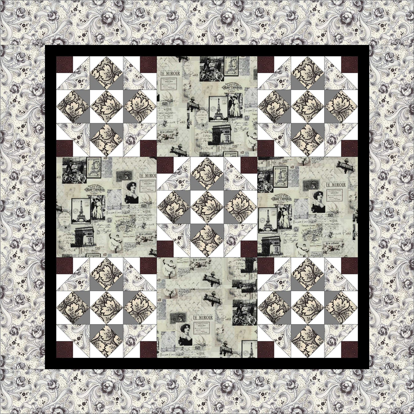 Patchwork quilt with vintage-style design on a floral background
