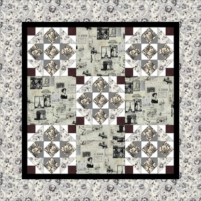 Patchwork quilt with vintage-style design on a floral background