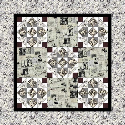 Patchwork quilt with vintage-style design on a floral background