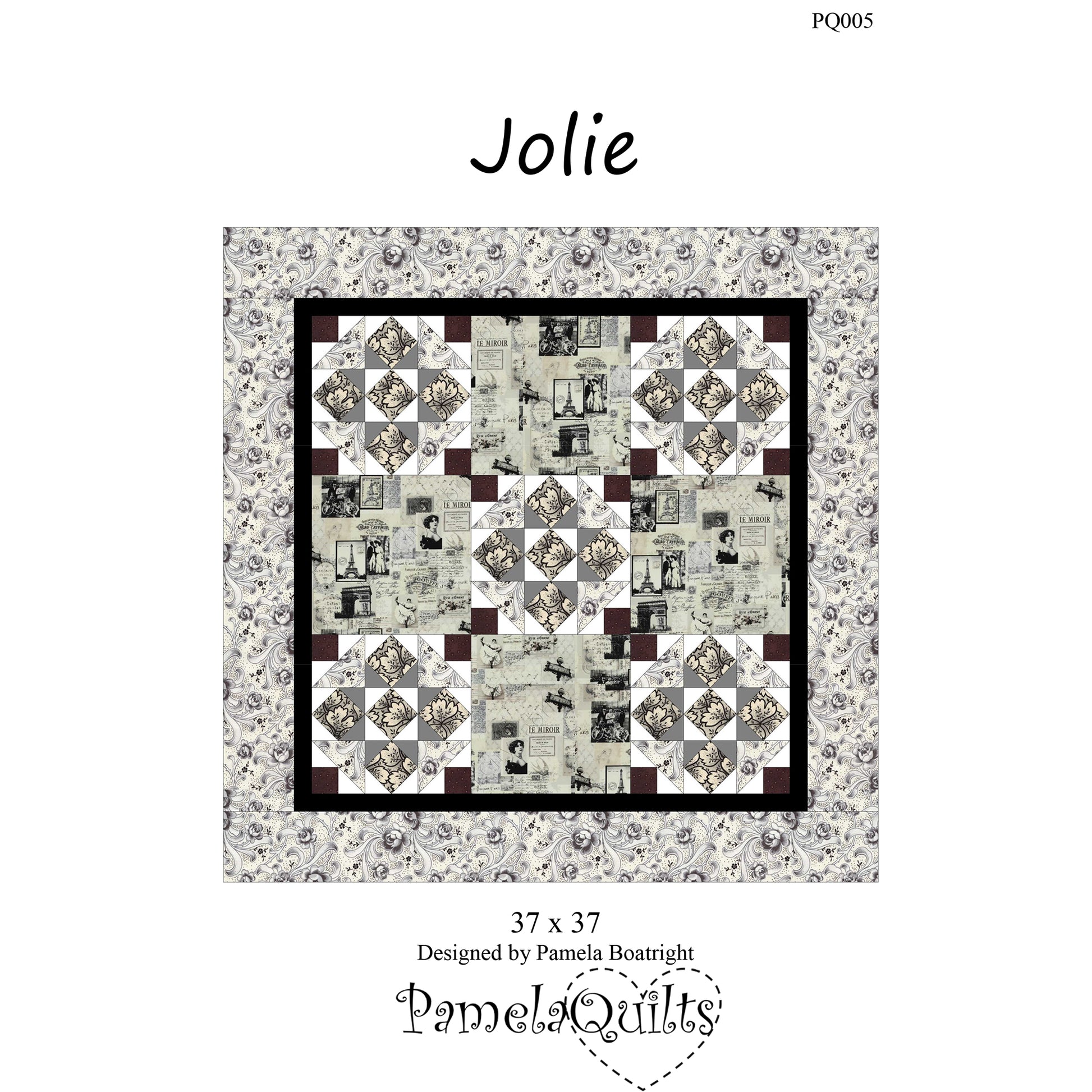 Quilt pattern cover titled 'Jolie' by Pamela Boatright with quilt design and size information.