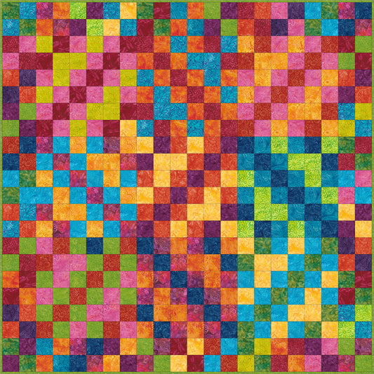 A vibrant quilt featuring an array of colorful squares arranged in a patchwork design.