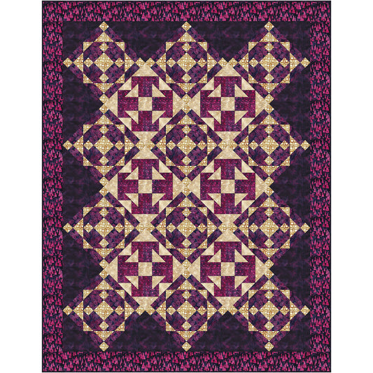 A beautifully crafted purple and gold quilt featuring an intricate square pattern which almost look like snowflakes.