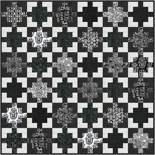 Fun black and white quilt with connecting blocks strung together to make a fun design.