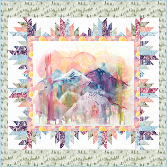 Delectable Mountain blocks in a rainbow of colors frame this panel to create a lovely vision of the morning sun rising, in this quilt.