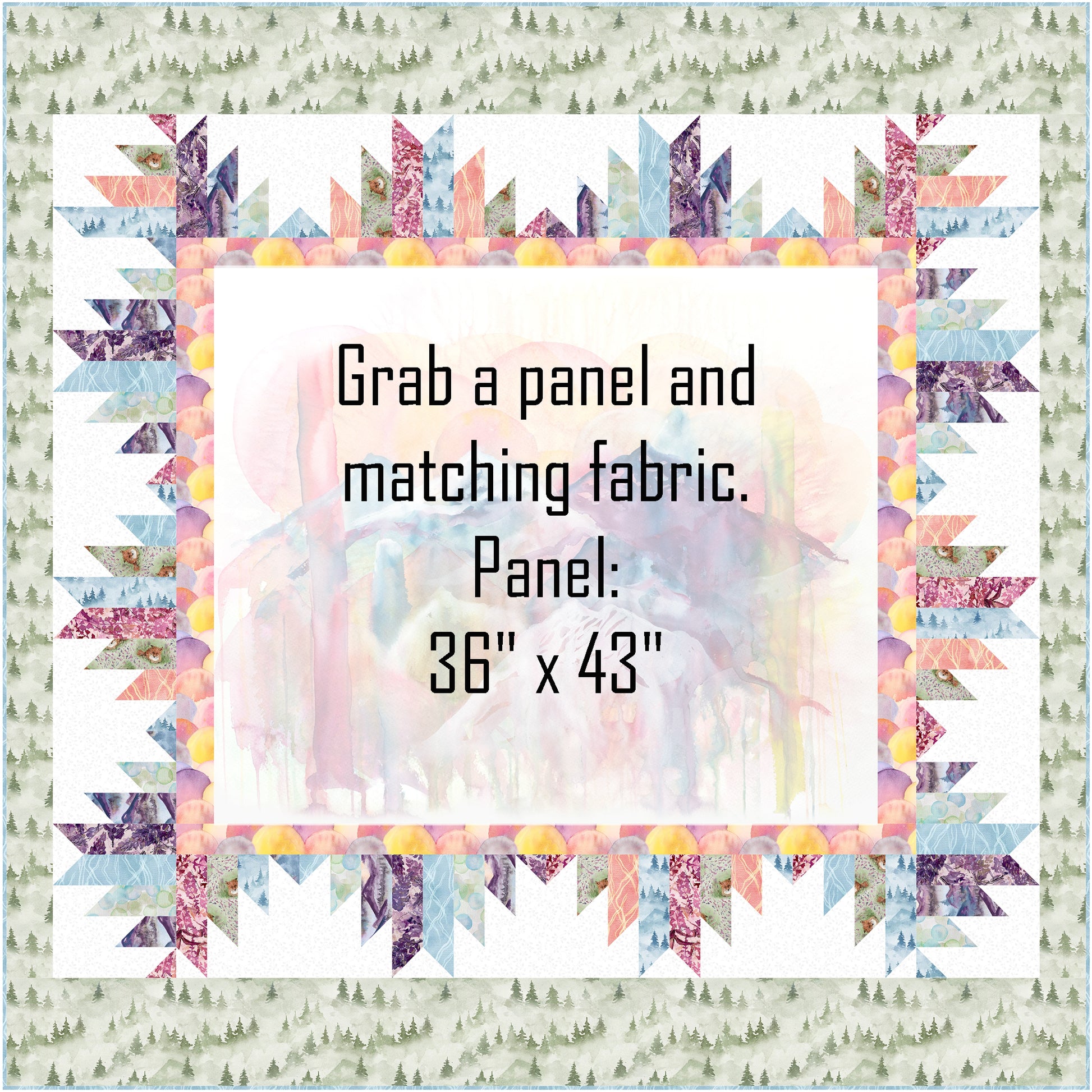 Delectable Mountain blocks in a rainbow of colors frame this panel to create a lovely vision of the morning sun rising, in this quilt. Image shows where the panel would go at 36" x 43".