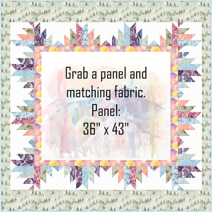 Delectable Mountain blocks in a rainbow of colors frame this panel to create a lovely vision of the morning sun rising, in this quilt. Image shows where the panel would go at 36" x 43".