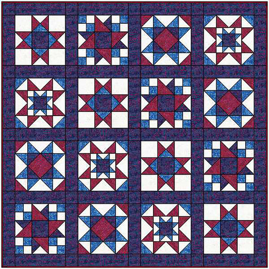 A vibrant red, white, and blue quilt featuring a pattern with four different types of stars.