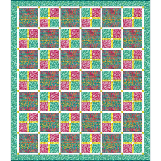 A vibrant quilt featuring an array of colorful squares arranged in a patchwork design in green and red with yellow accent.