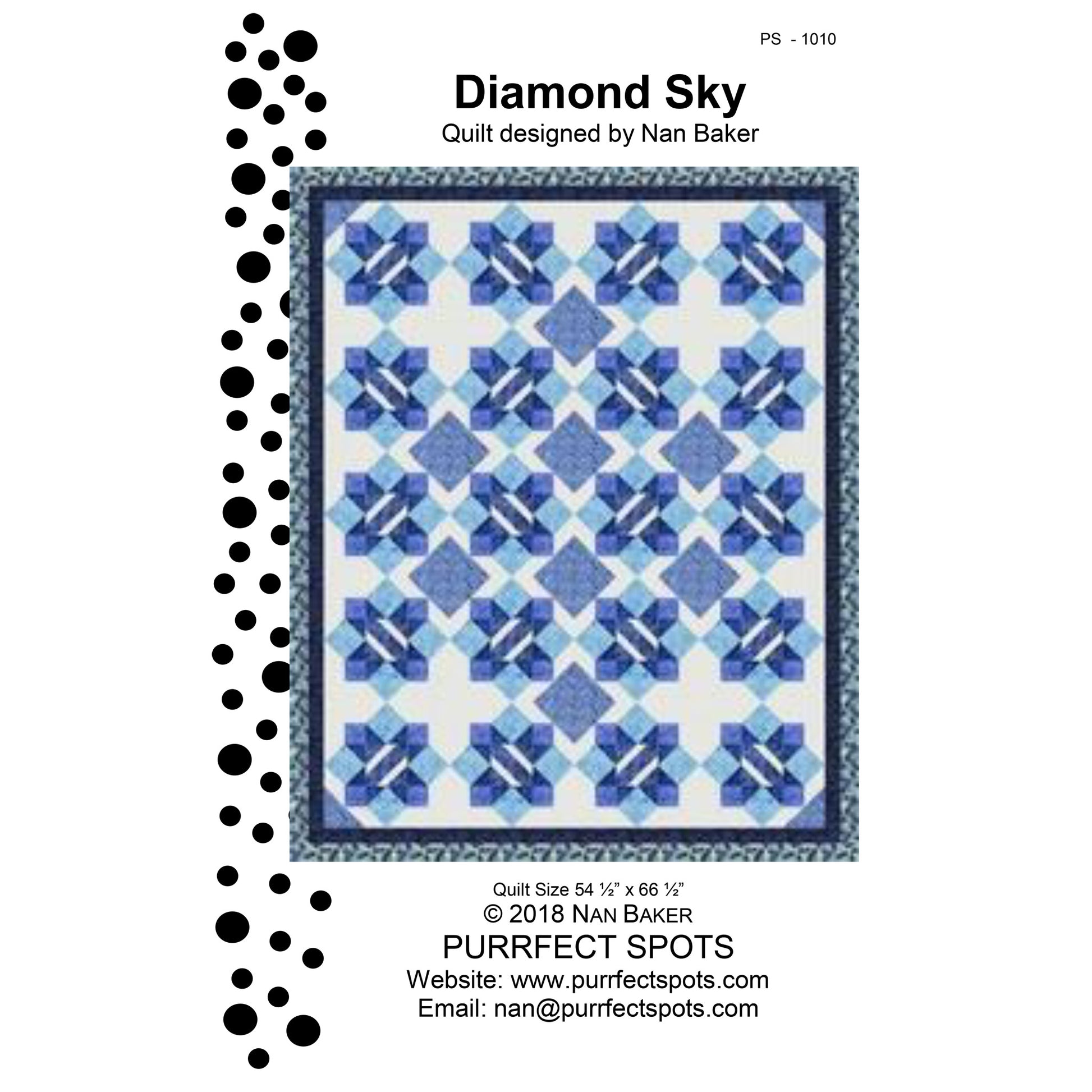Image of the front cover to the Diamond Sky quilt pattern by Nan Baker of Purrfect Spots.