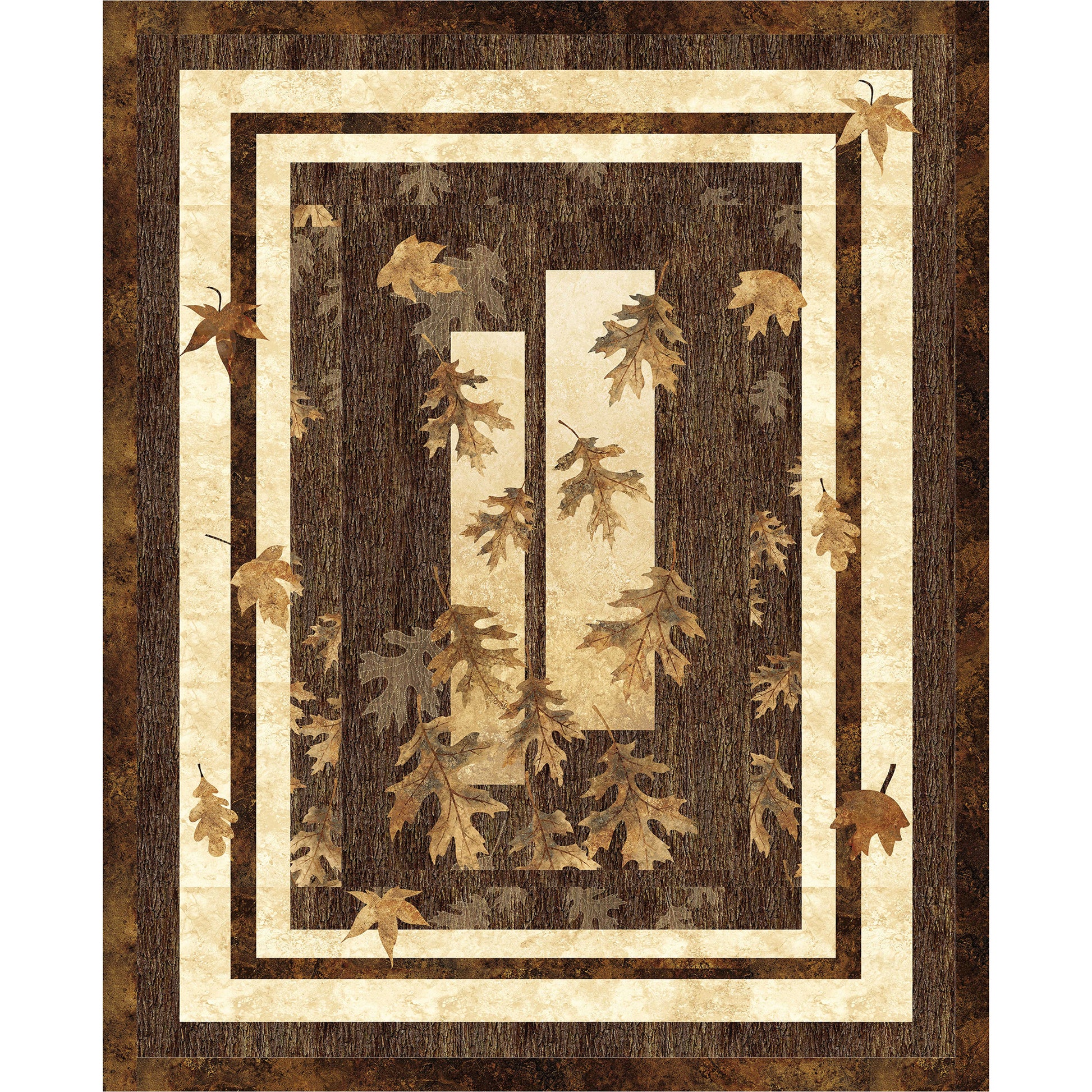 Fun wood-colored quilt features falling leaves on a simple background fabric.