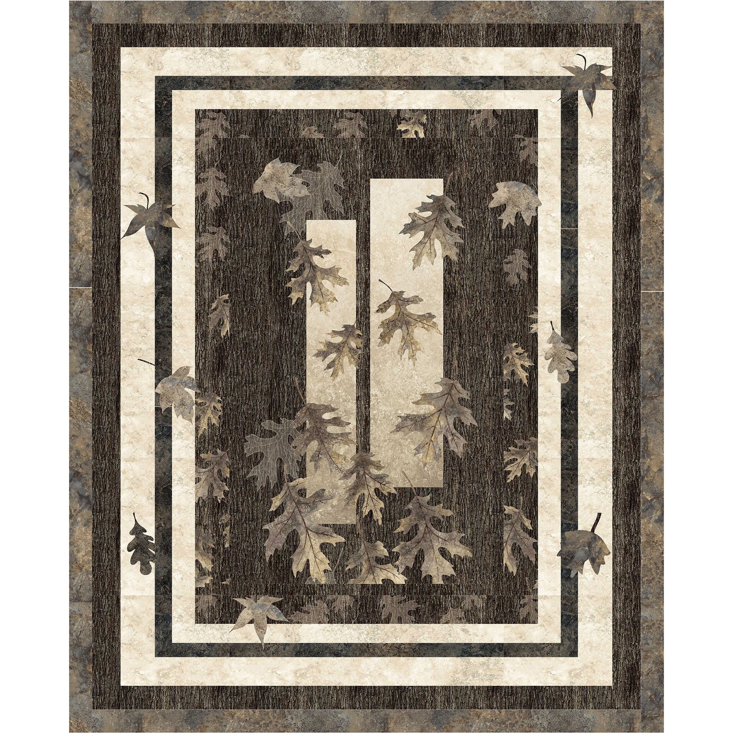 Fun neutral quilt features falling leaves on a simple background fabric.