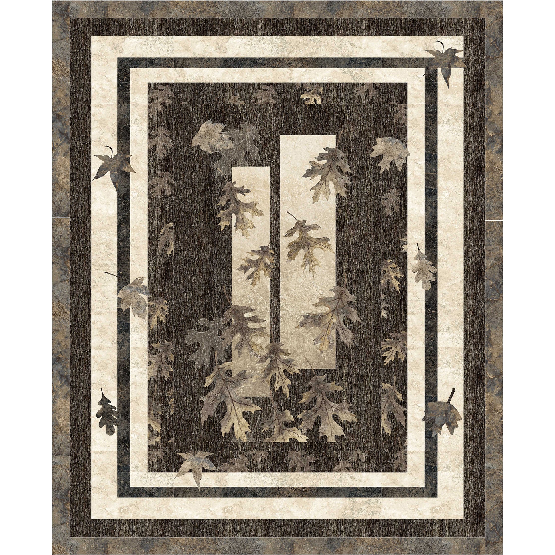 Fun neutral quilt features falling leaves on a simple background fabric.