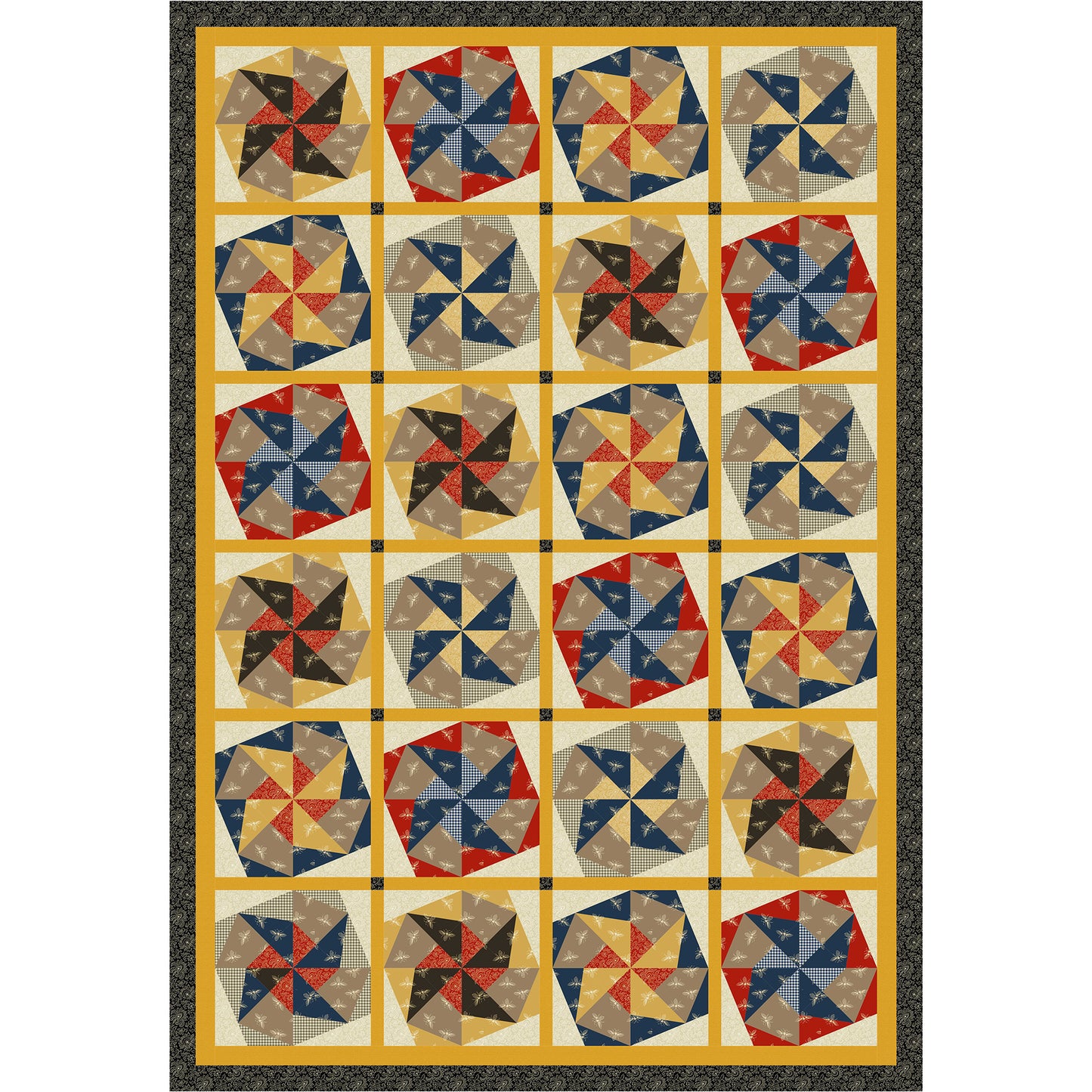 Fun quilt has colorful blocks of twisted pinwheel blocks.