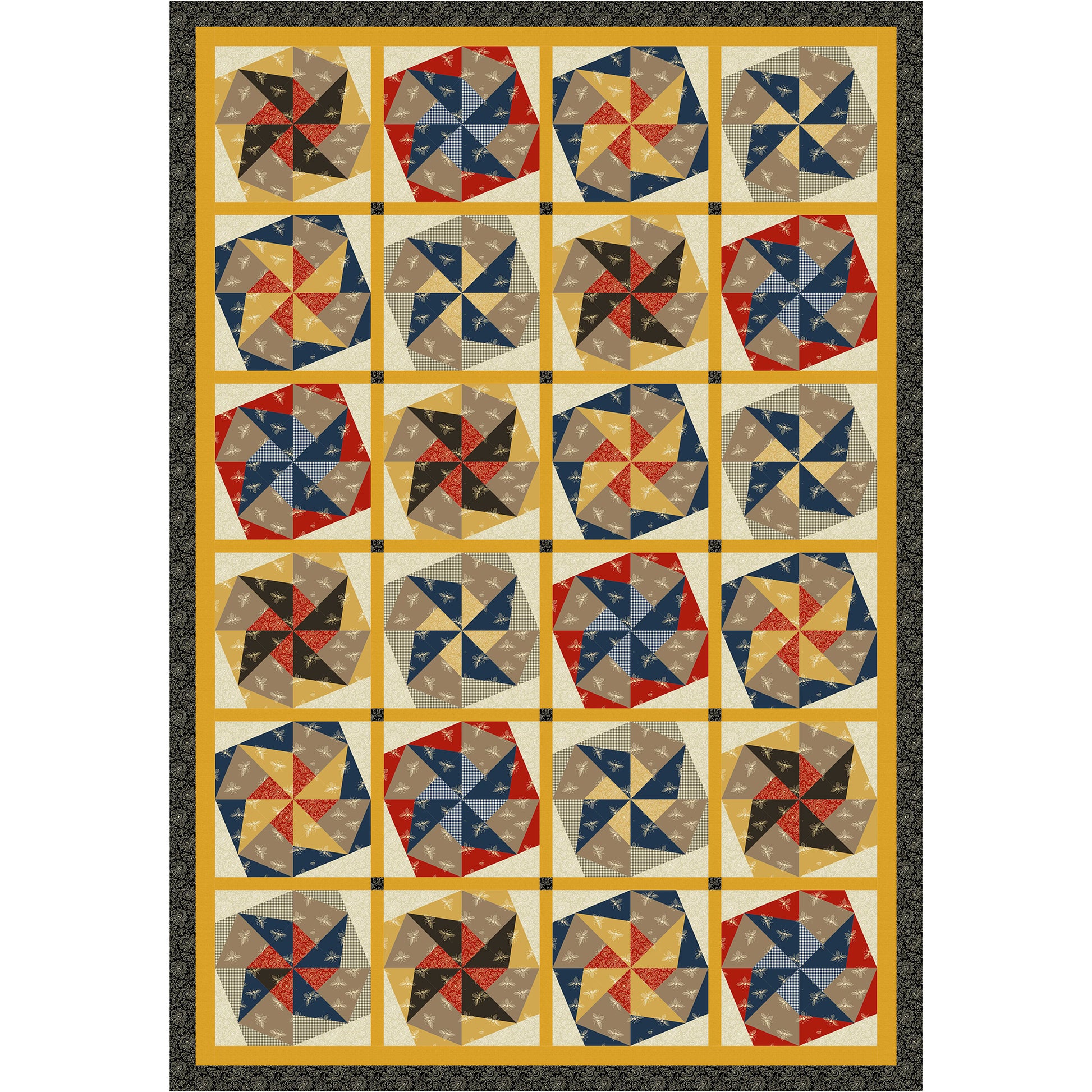 Fun quilt has colorful blocks of twisted pinwheel blocks.