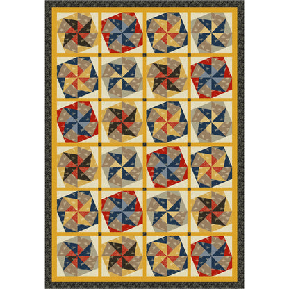 Fun quilt has colorful blocks of twisted pinwheel blocks.