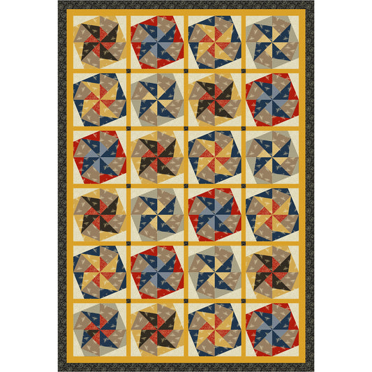 Fun quilt has colorful blocks of twisted pinwheel blocks.