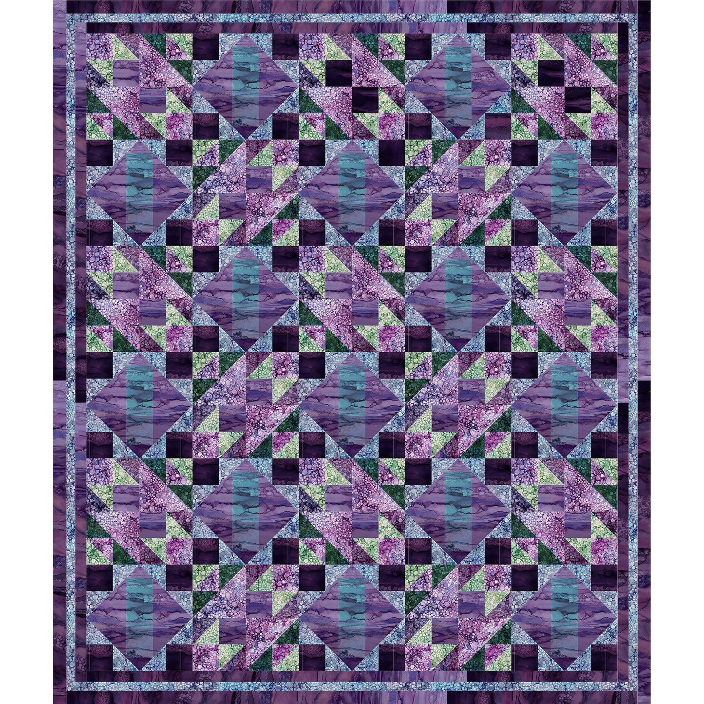 Fun quilt of different sized diamonds in different shades of blue, purple, and green fabric.